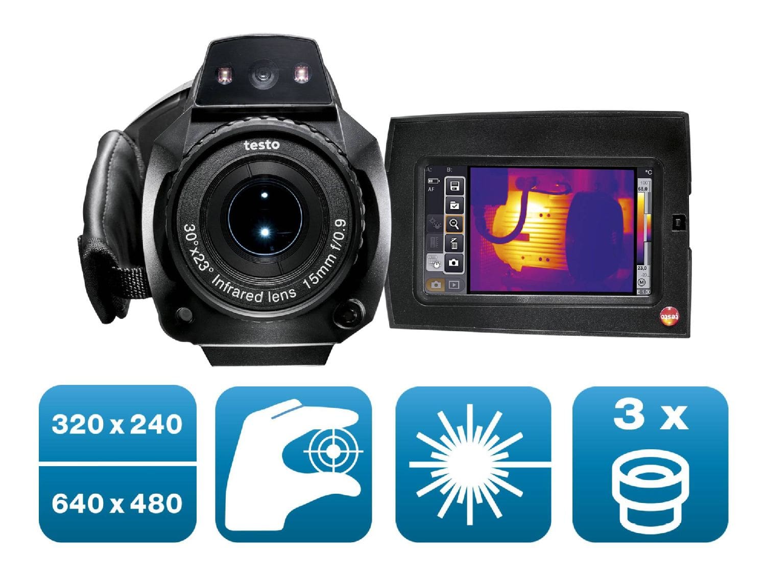 testo 885 kit - Thermal imager (320 x 240 pixels, focus manual/auto, laser, 3 lenses selectable)